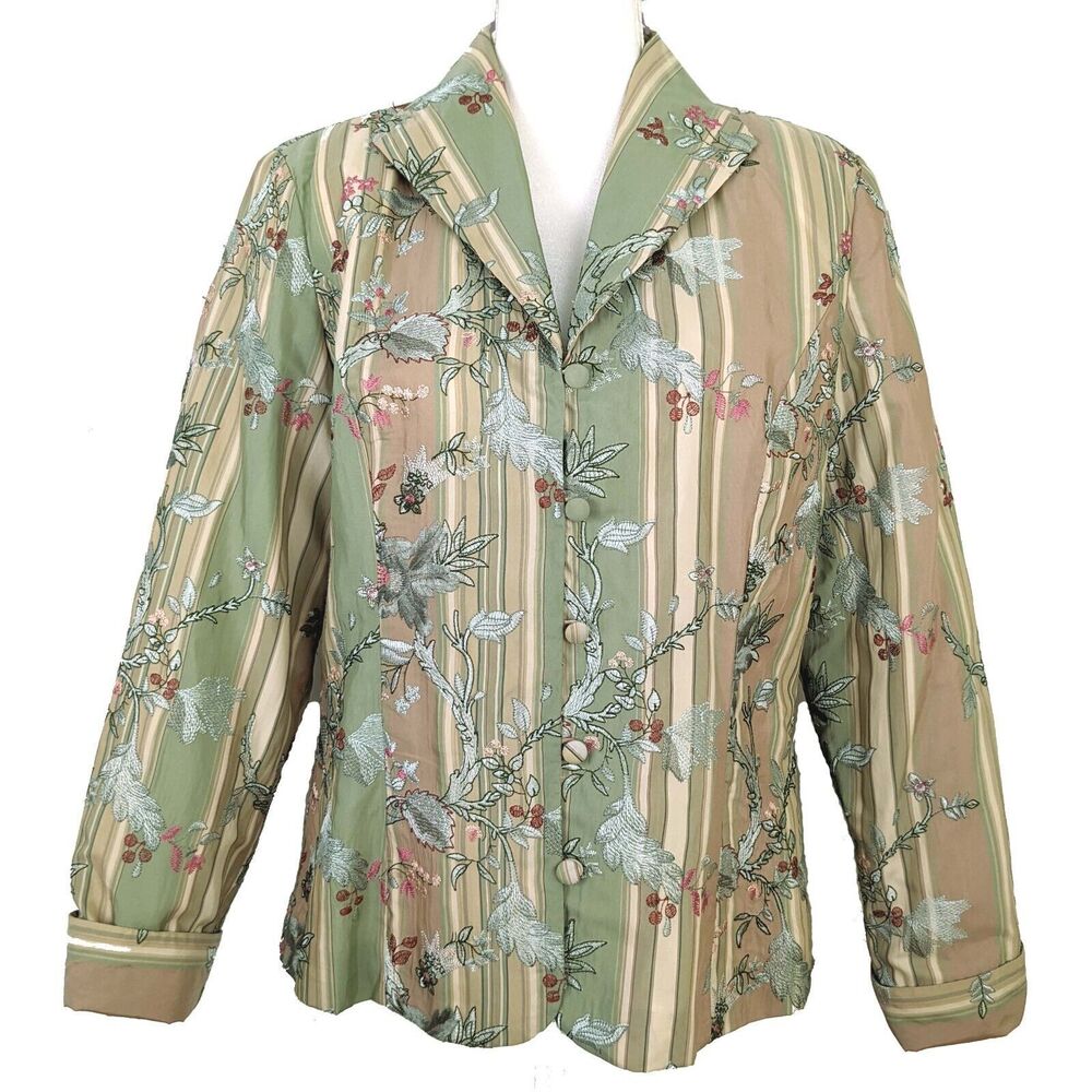 VTG Coldwater Creek Womens M Embroidered Green Floral Lined Blazer Jacket